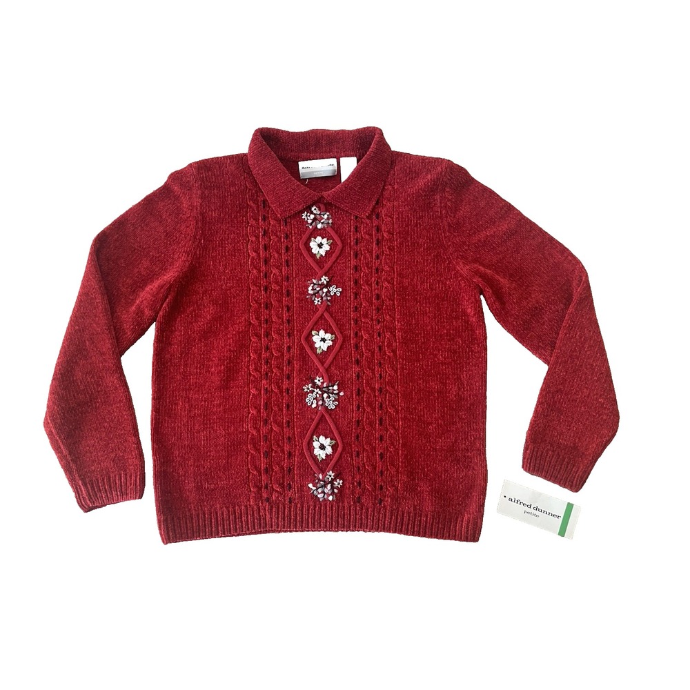 Vtg NWT Red Alfred Dunner Soft Chenille Embroidered Sweater Sz PL New